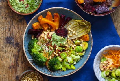 winter salad bowl, nourishing health bowl, winter salad, roast vegetables