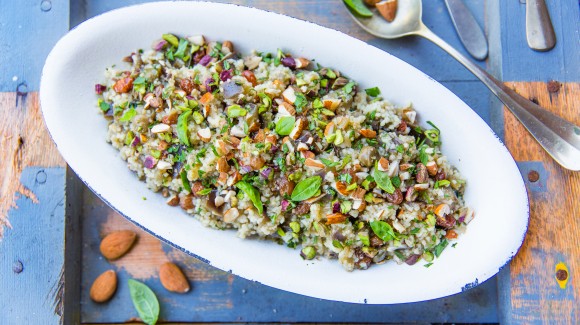 Sicilian couscous salad with aubergine, capers and pistachios