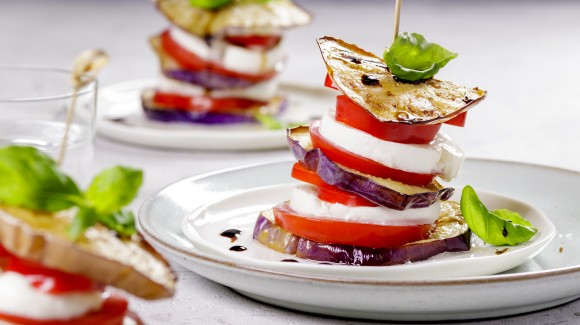 Grilled aubergine stacks with mozzarella and tomato 