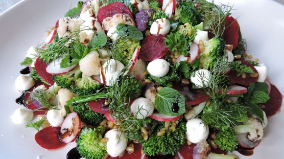 Herbed broccoli and cauliflower salad with labneh