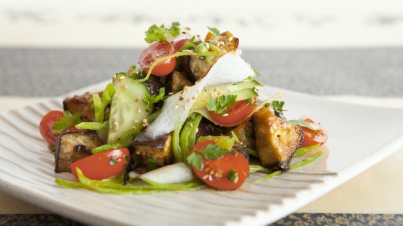 Japanese style miso roasted eggplant salad with ponzu dressing