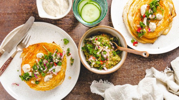 Cabbage steak with chimichurri and truffle mayonnaise