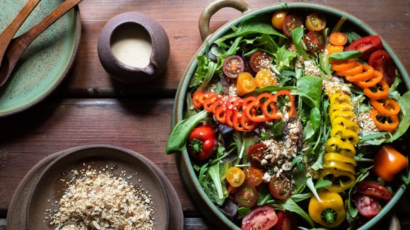 Cherry Tomato and Mini Sweet Pepper Green Salad with Tahini Sauce and Dukkah