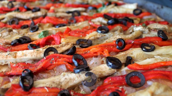 Coca recapte (Spanish flatbread with smokey grilled vegetables) Coca recapte (Spanish flatbread with smokey grilled vegetables)