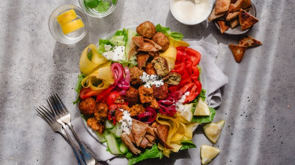 Falafel Salad with Pita Chips and Plenty of Vegetables