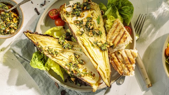 Chargrilled cabbage with Asian pesto