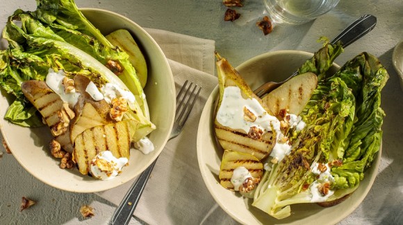Grilled Little Gem with pear and candied walnuts Grilled Little Gem with pear and candied walnuts