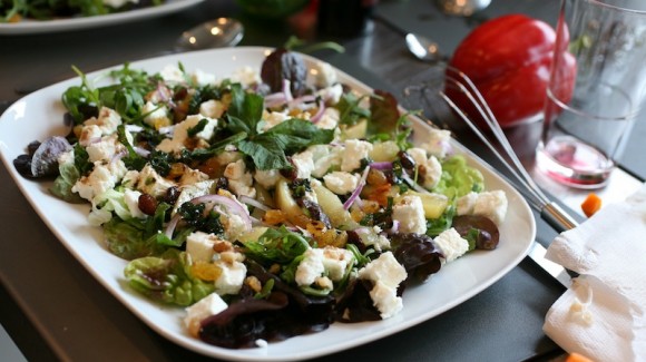 Baby Cos salad with caramelized pear and goat cheese