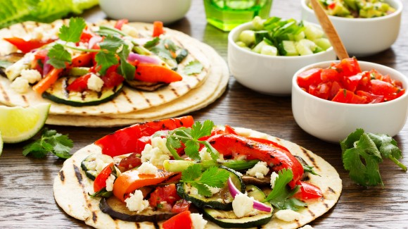 Grilled Mexican tortillas with vegetables and feta