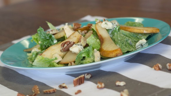 Char-grilled pear salad with a creamy blue cheese dressing