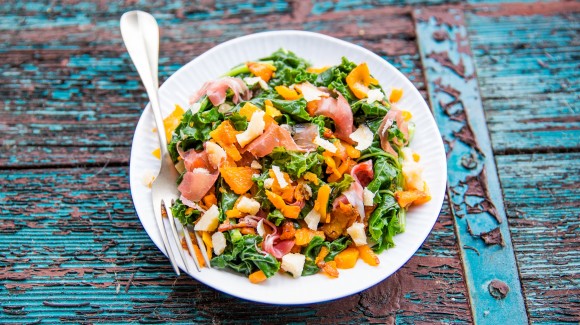 Italian pumpkin salad with kale, parmesan and prosciutto