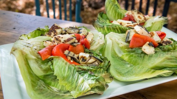 Crunchy Cos lettuce salad with barbecue vegetables and haloumi
