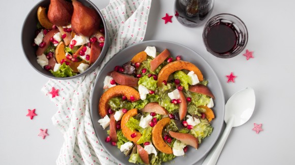 Kerstsalade met stoofpeer, pompoen & burrata