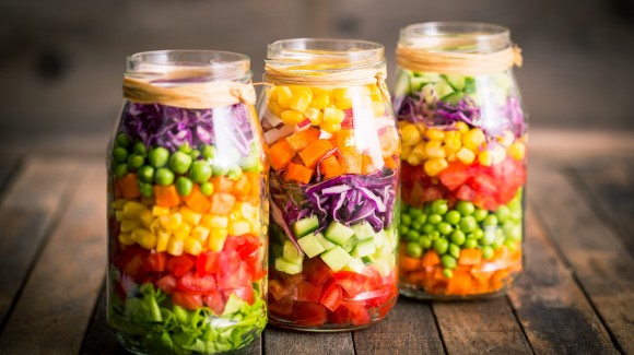 Colourful Mason jar prawn and quinoa salad