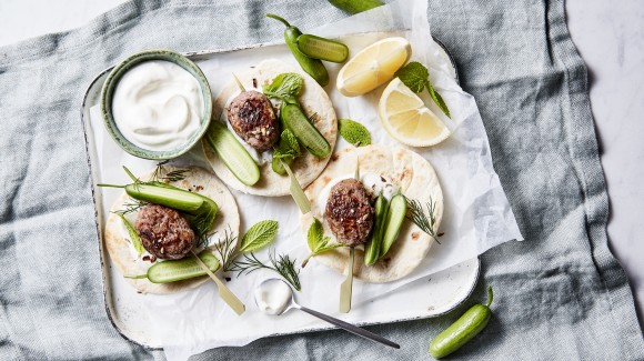 Lamb kofta with 'Tiny Q's' cucumbers and yoghurt sauce