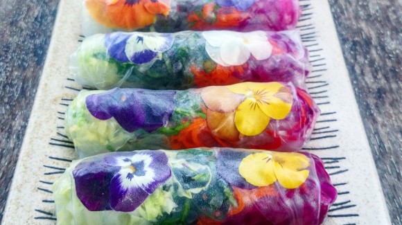 Rainbow rice paper rolls with red wombok kimchi Rainbow rice paper rolls with red wombok kimchi
