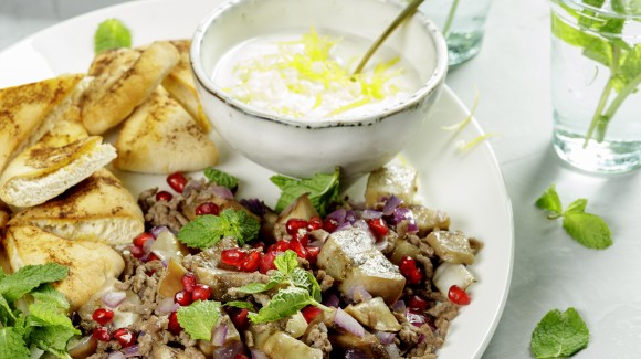 Moroccan stew with aubergine, pitta nachos and yoghurt dip
