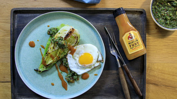 Roasted cabbage wedges with jalapeño salsa verde and fried egg Roasted cabbage wedges with jalapeño salsa verde and fried egg