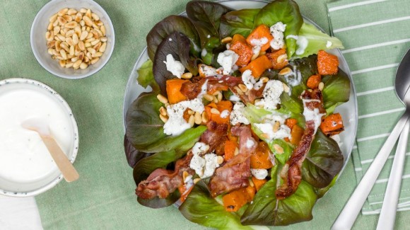 Roasted butternut pumpkin salad with butter lettuce, bacon and goat cheese