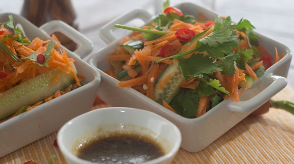 Spicy noodle salad with carrot, cucumber and coriander 