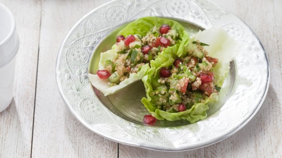 Crispy baby gem leaves filled with tabbouleh