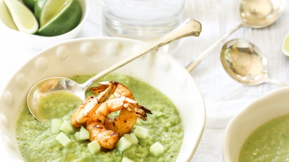 Zucchini soup with grilled shrimp