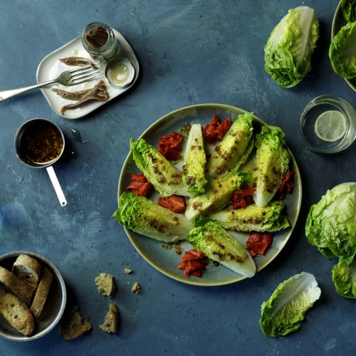 Baby Gem Hearts With Roasted Peppers And Anchovy Dressing Love